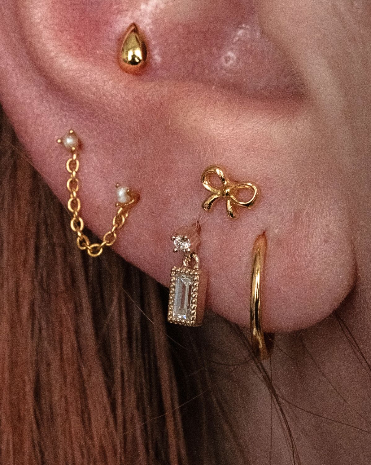 14K Solid Gold Bagete Dangle Piercing Stud - Image 2