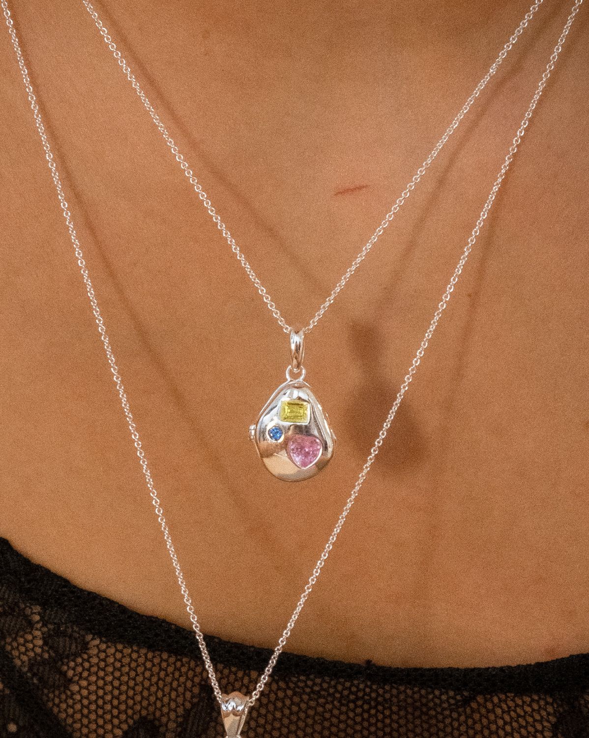 Billie Engravable Gemstone Locket Necklace - Sterling Silver - Image 3