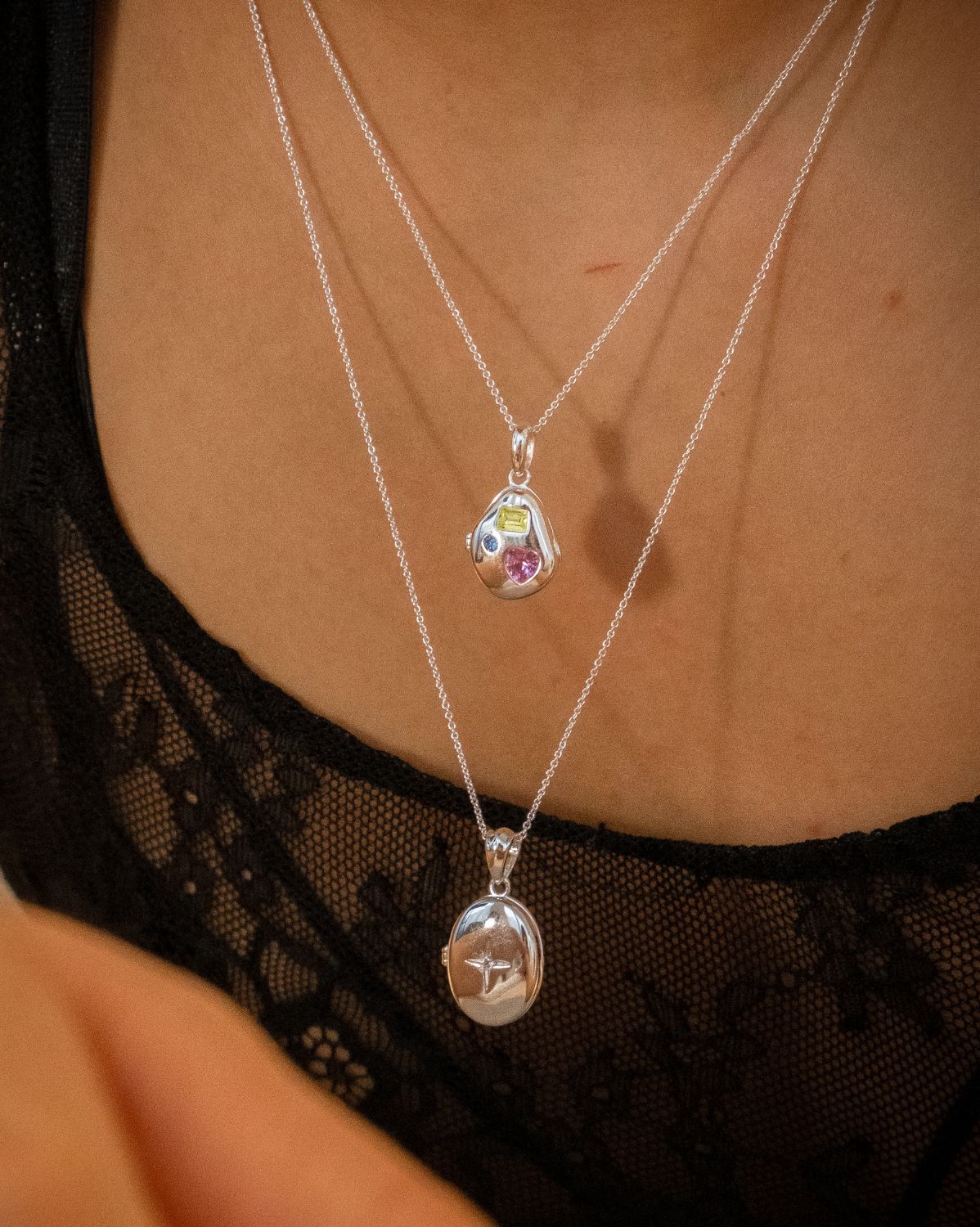 Billie Engravable Gemstone Locket Necklace - Sterling Silver - Image 4