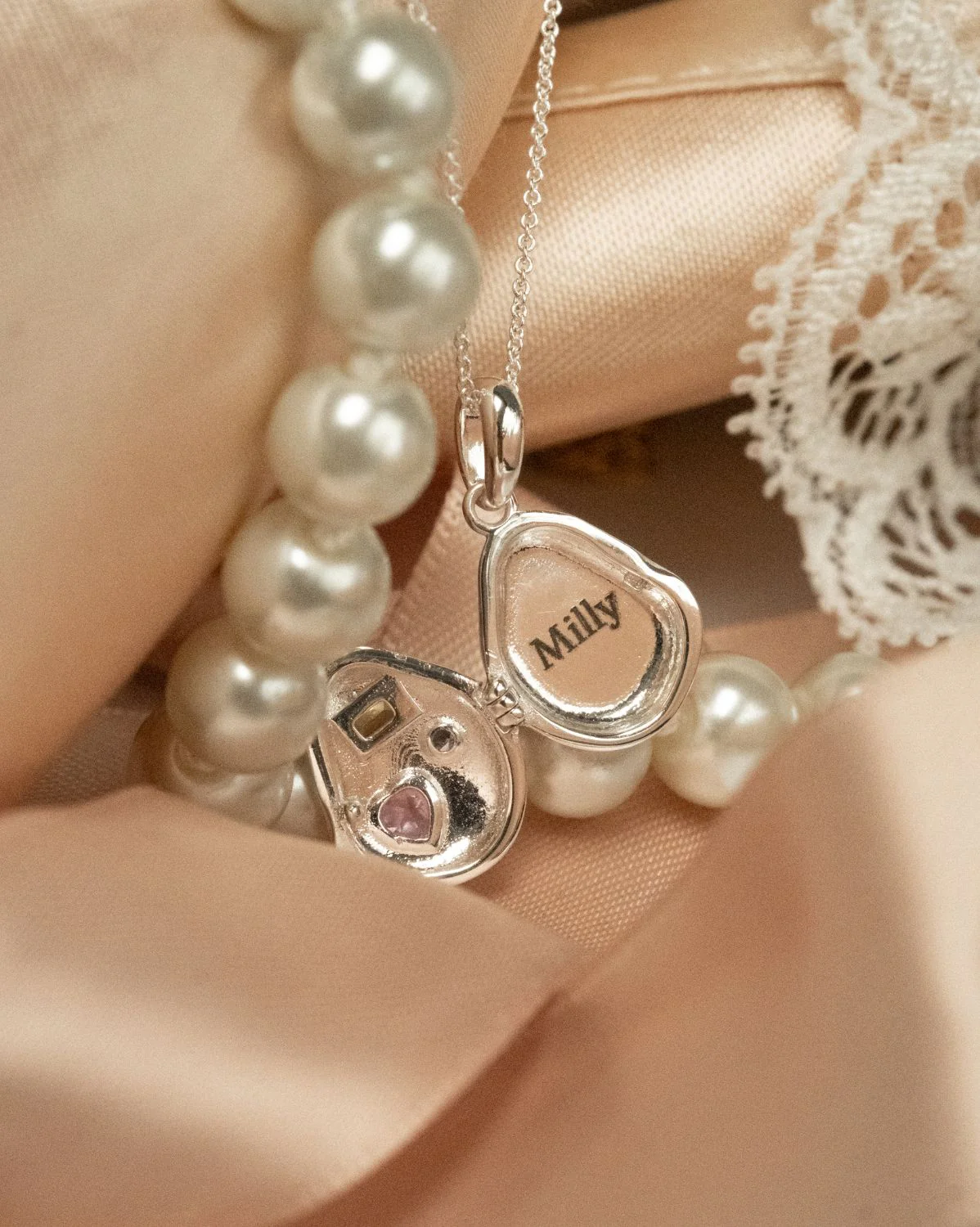 Billie Engravable Gemstone Locket Necklace - Sterling Silver - Image 5