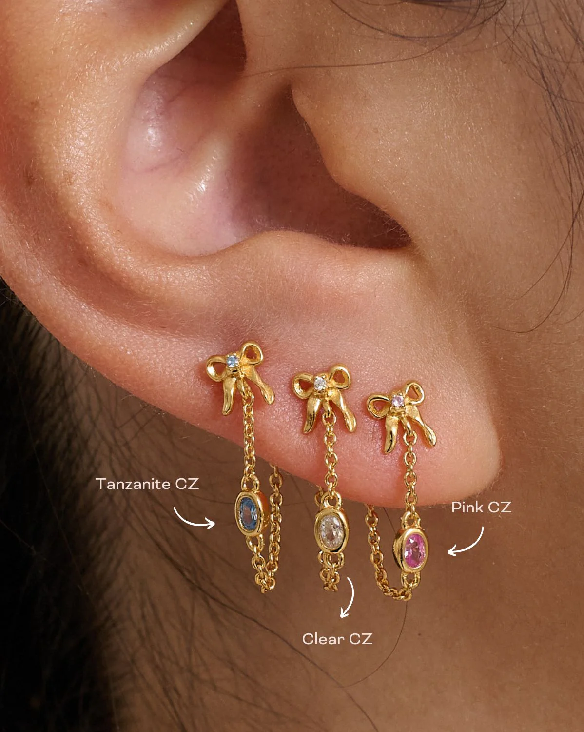 Bow Oval Gemstone Earrings - Clear CZ - Image 6