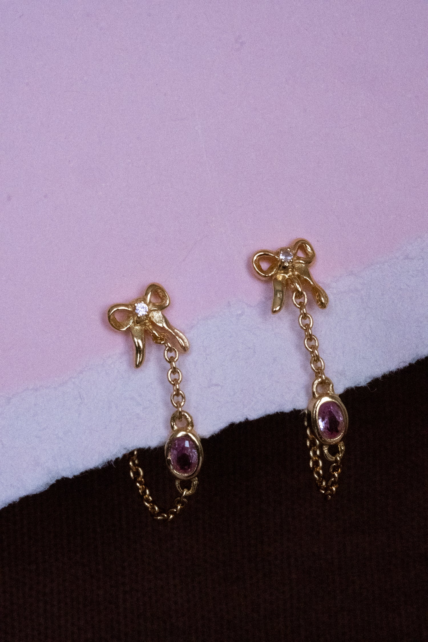 Bow Oval Gemstone Earrings - Pink CZ - Image 3