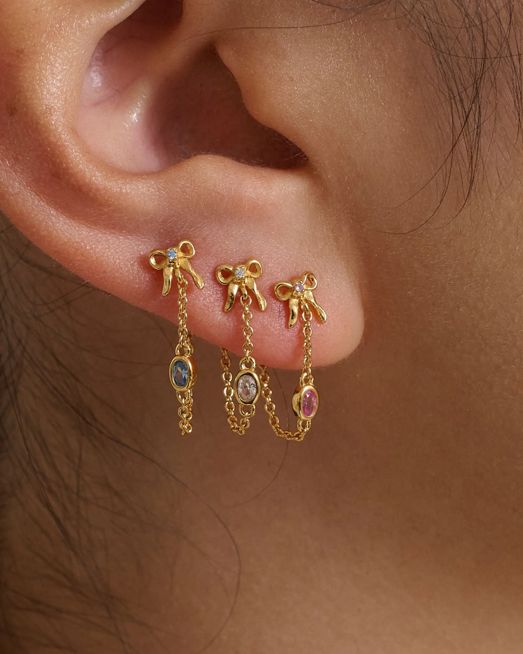 Bow Oval Gemstone Earrings - Pink CZ - Image 4