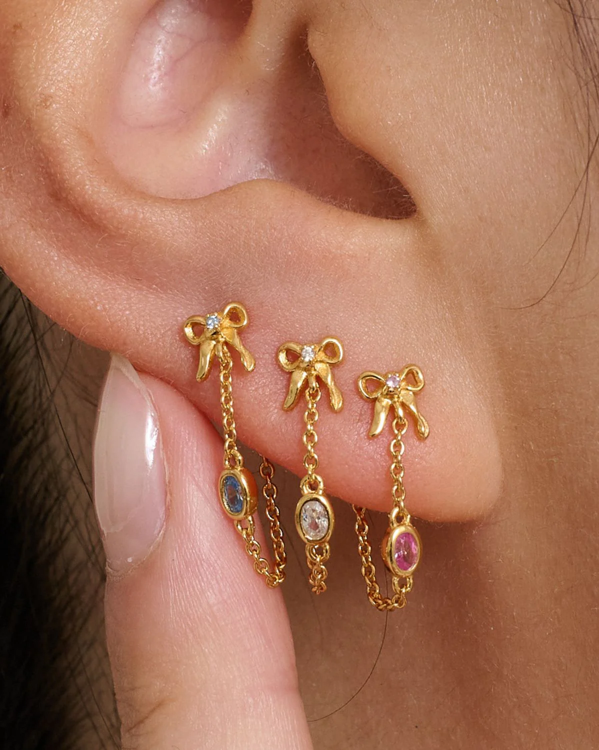 Bow Oval Gemstone Earrings - Clear CZ - Image 4