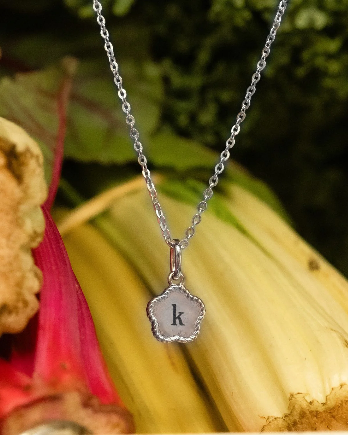 Flower Engraved Initial Necklace - Sterling Silver - Image 8