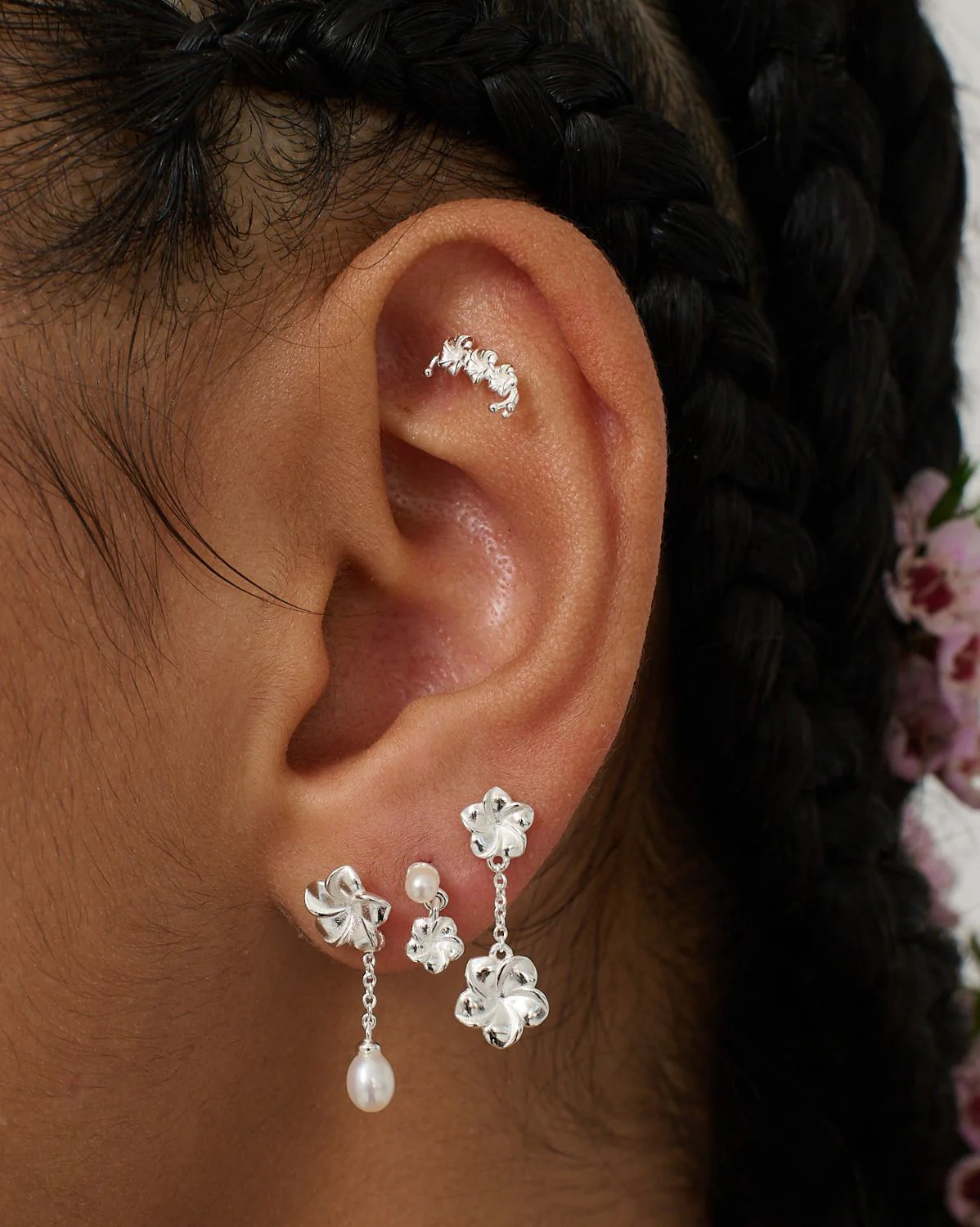 Hibiscus Flowers Earrings Set - Sterling Silver - Image 4