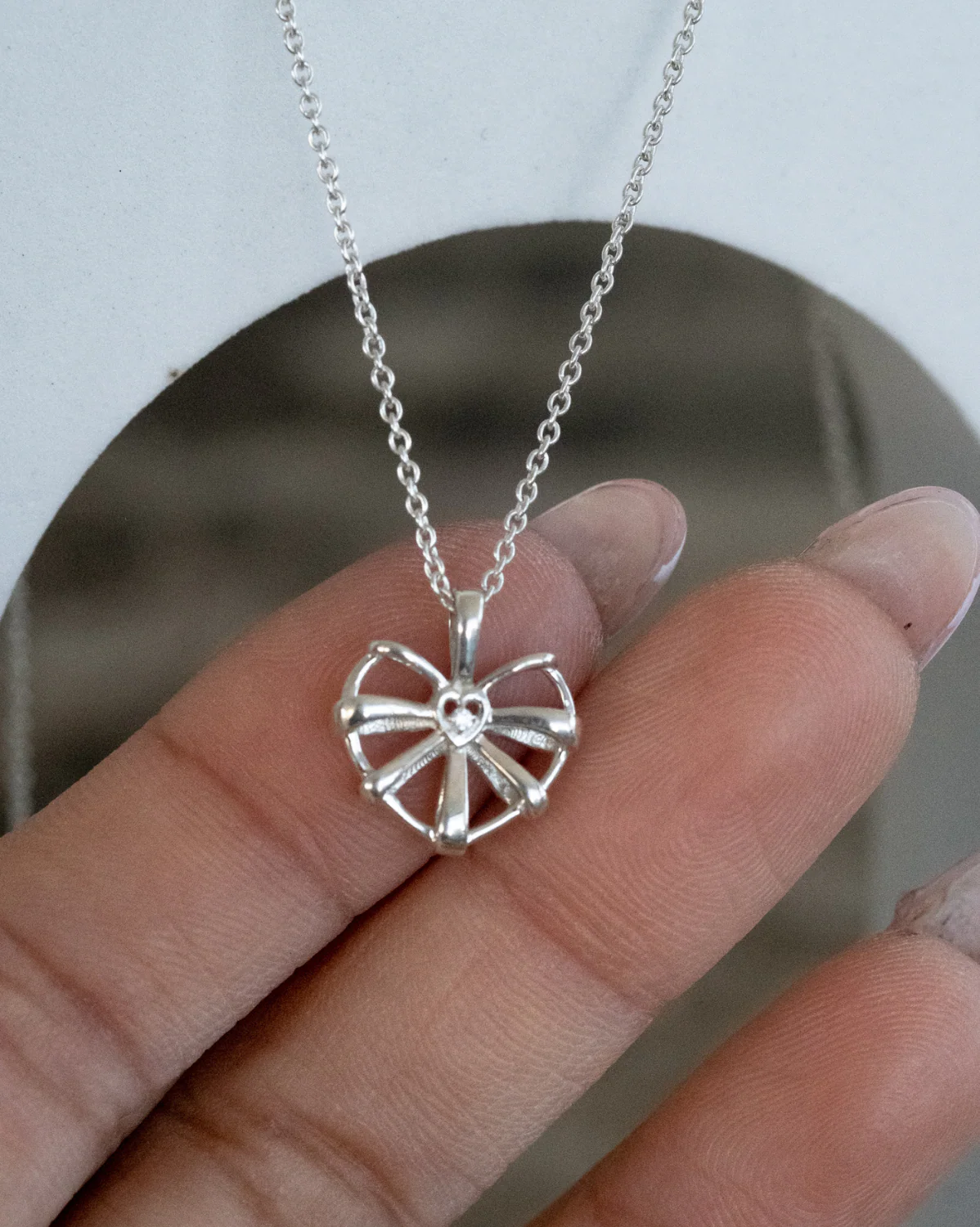 Ribbon Heart Necklace Sterling Silver- Clear CZ SAMPLE SALE