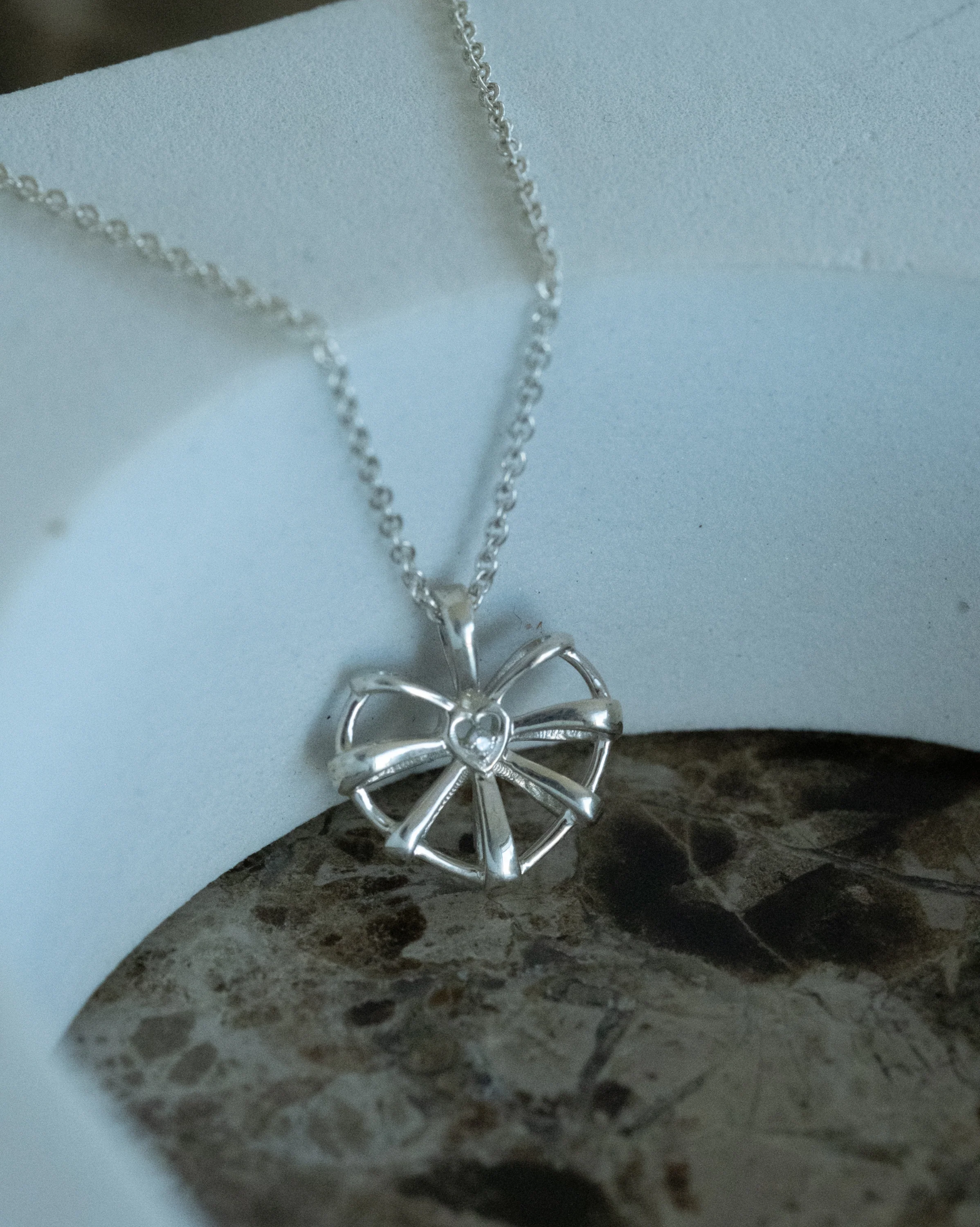 Ribbon Heart Necklace Sterling Silver- Clear CZ SAMPLE SALE - Image 2