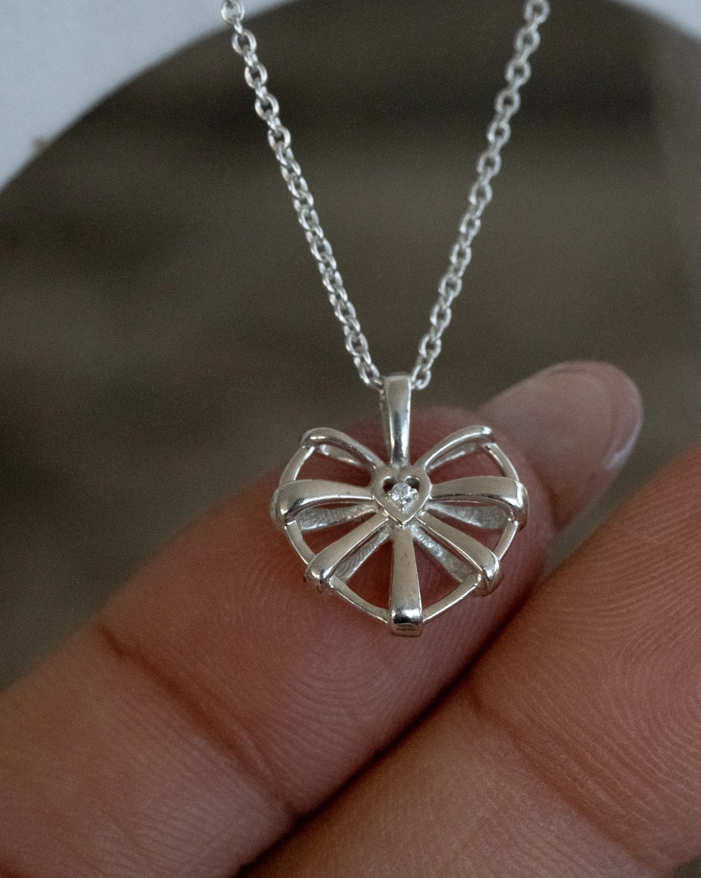 Ribbon Heart Necklace Sterling Silver- Clear CZ SAMPLE SALE - Image 4