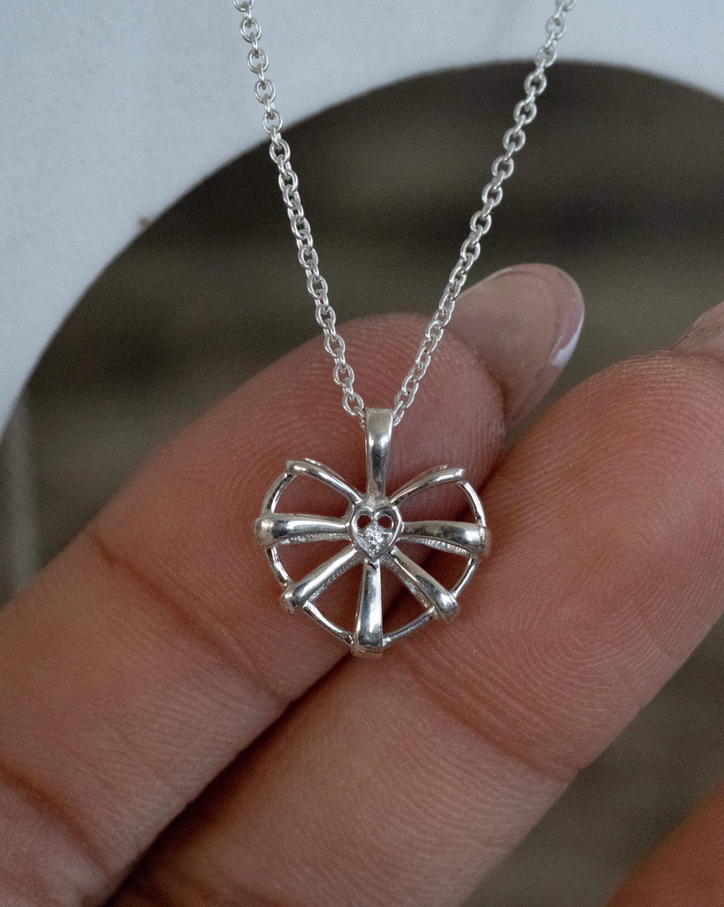 Ribbon Heart Necklace Sterling Silver- Clear CZ SAMPLE SALE - Image 5