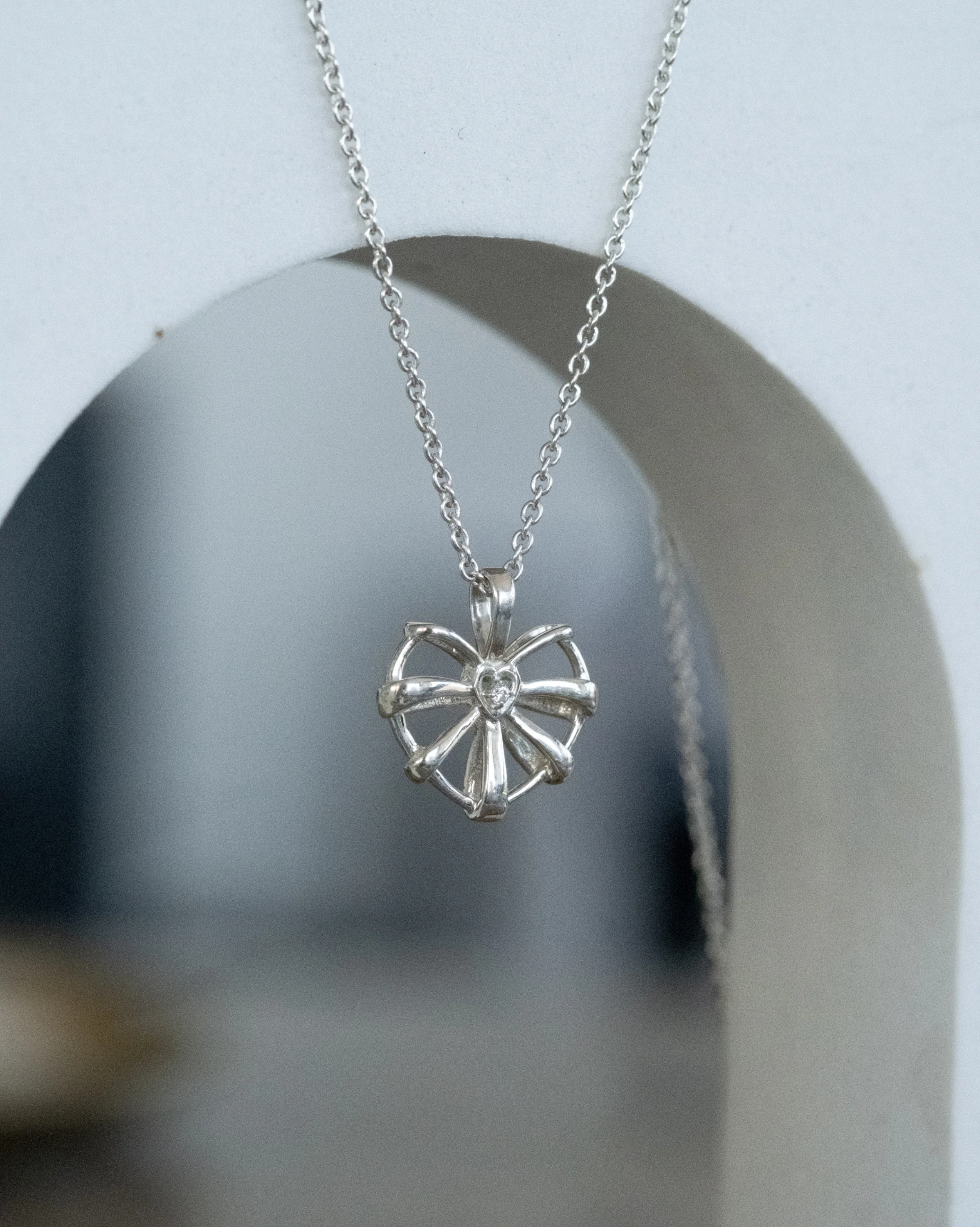 Ribbon Heart Necklace Sterling Silver- Clear CZ SAMPLE SALE - Image 7