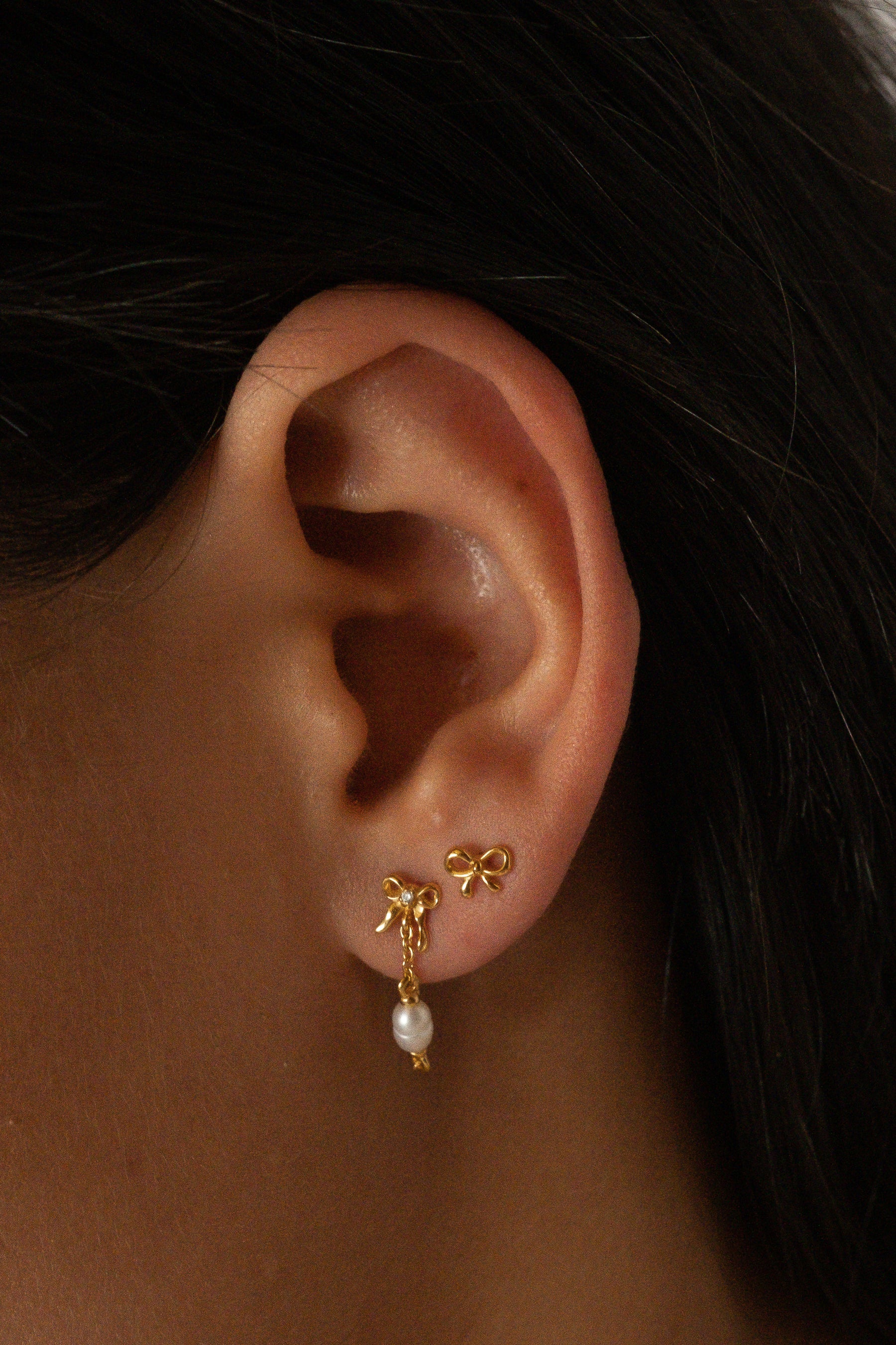 Solid Gold Bow Pearl Drop Stud - Image 3