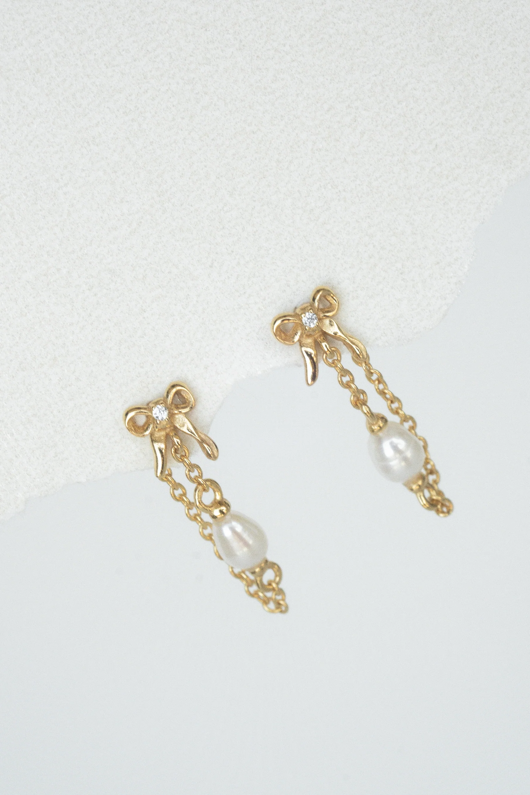Solid Gold Bow Pearl Drop Stud - Image 4