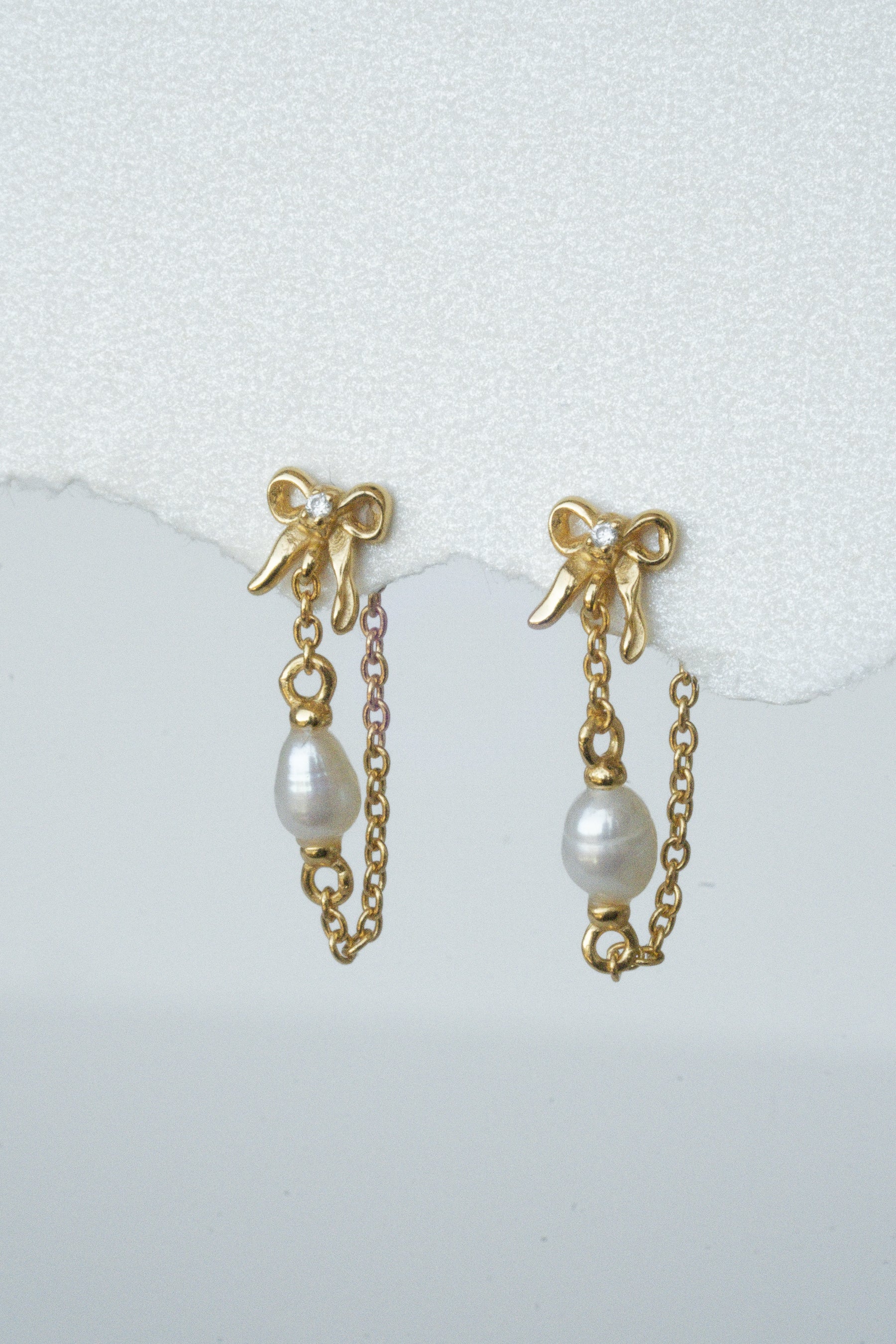 Solid Gold Bow Pearl Drop Stud - Image 7