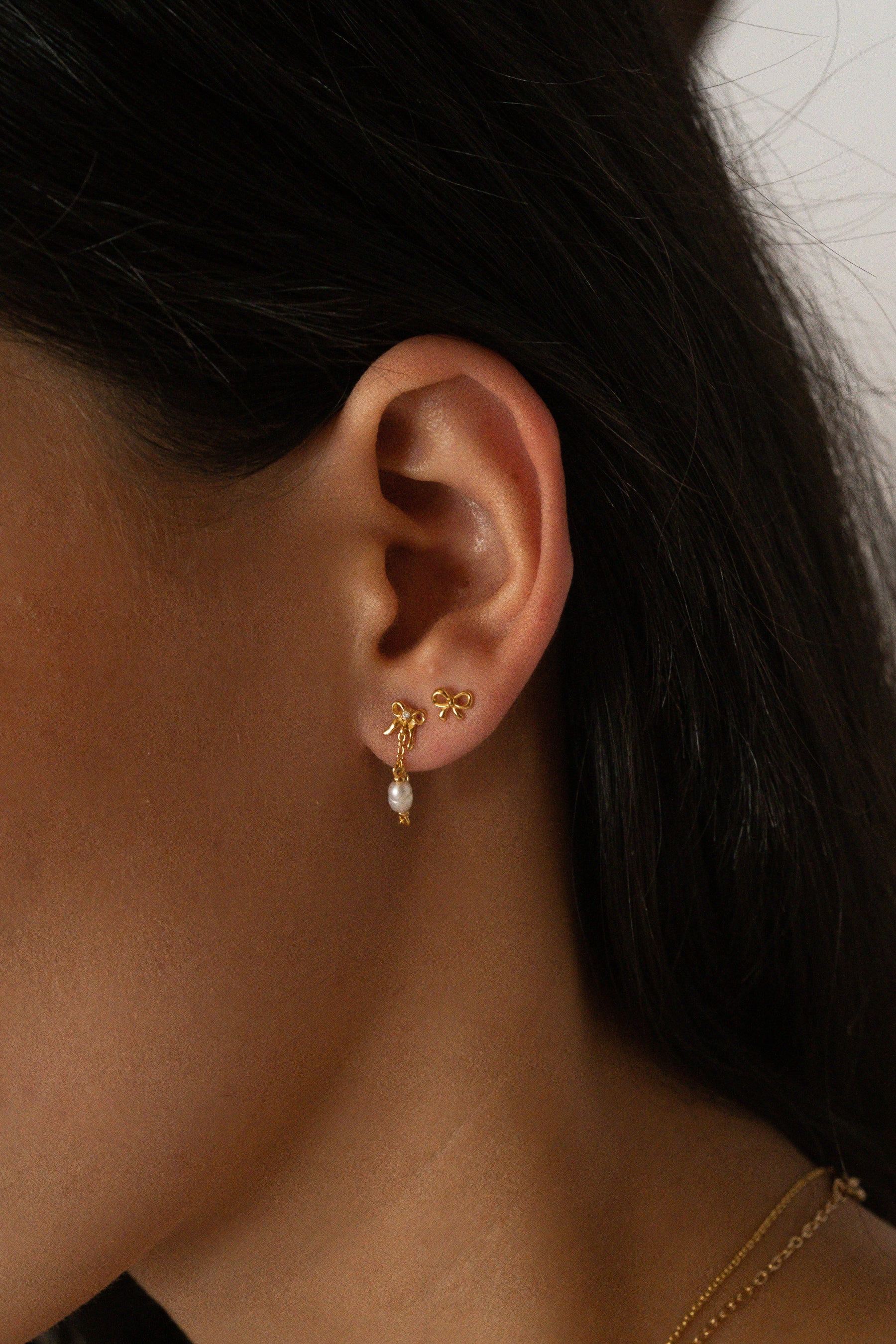 Solid Gold Bow Pearl Drop Stud - Image 9