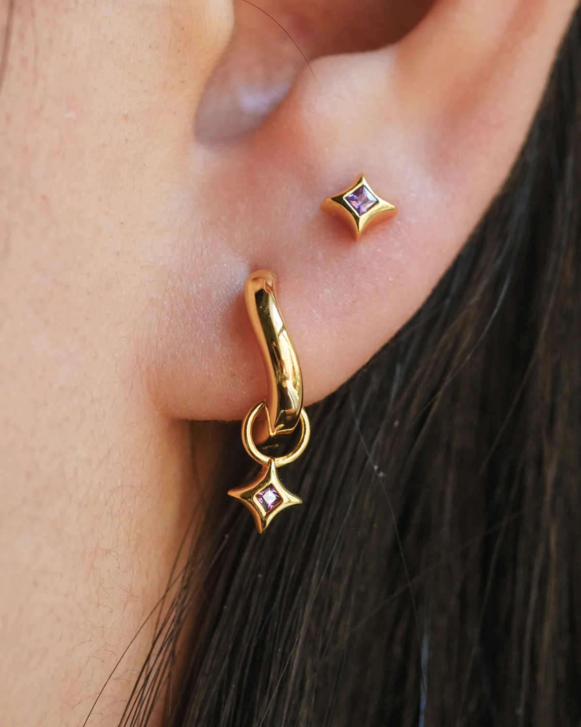 Wavy Sparkle Charm Hoops - Alexandrite CZ (June) - Image 2