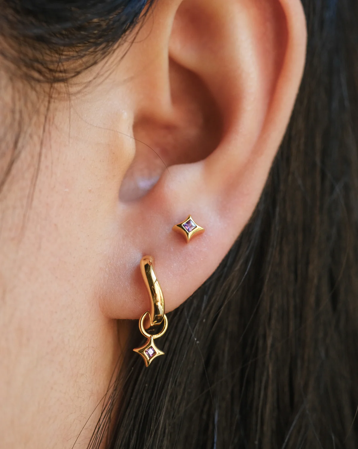 Wavy Sparkle Charm Hoops - Amethyst CZ (February) - Image 2