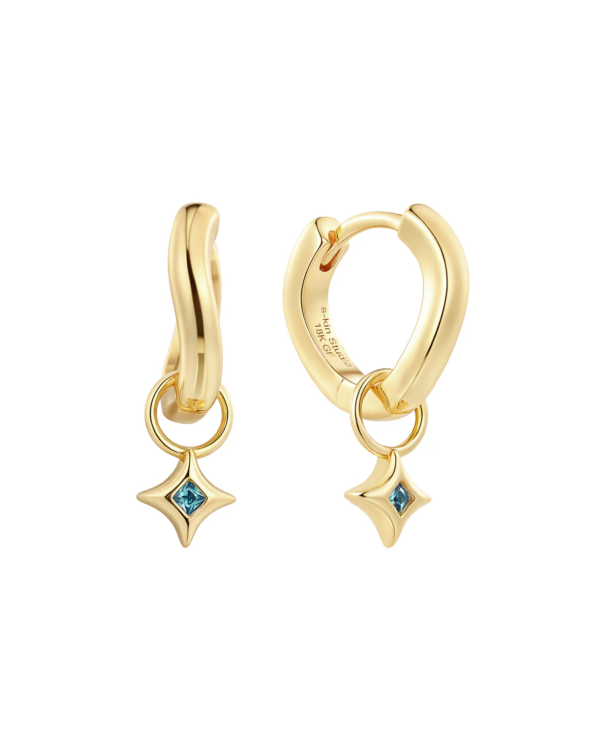 Wavy Sparkle Charm Hoops - Blue Topaz CZ (December)