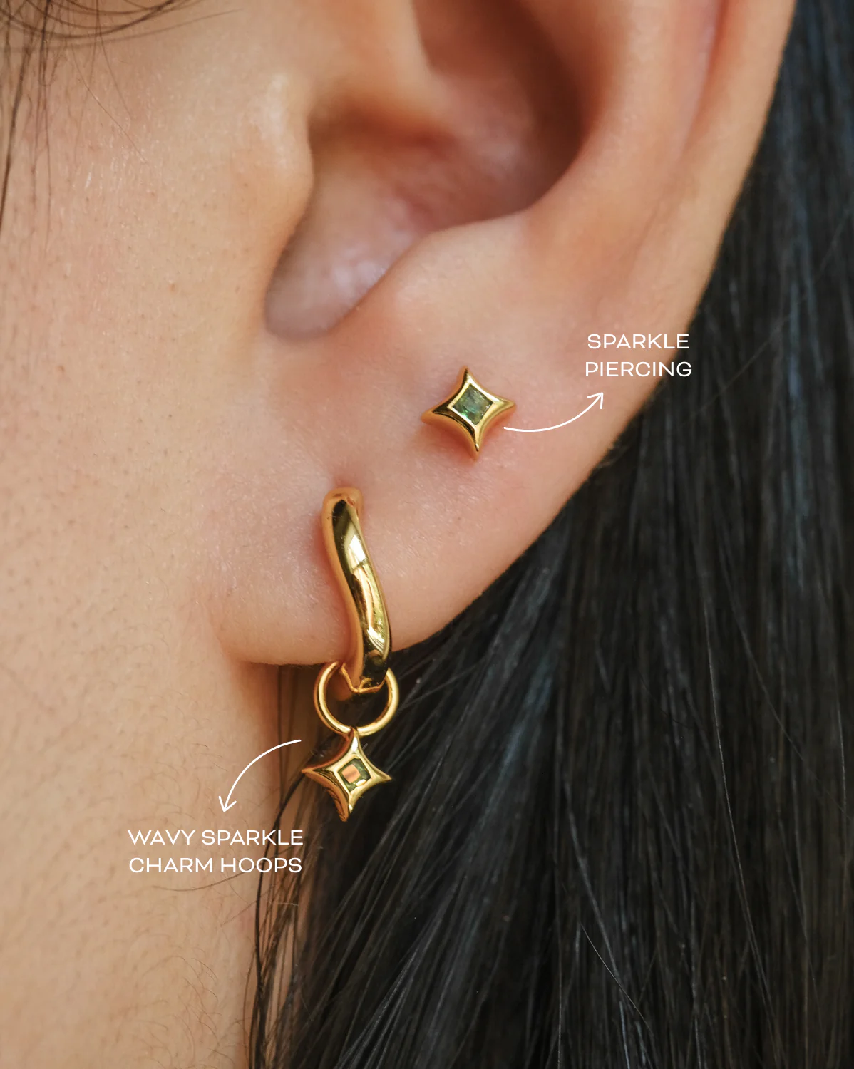 Wavy Sparkle Charm Hoops - Emerald CZ (May) - Image 2