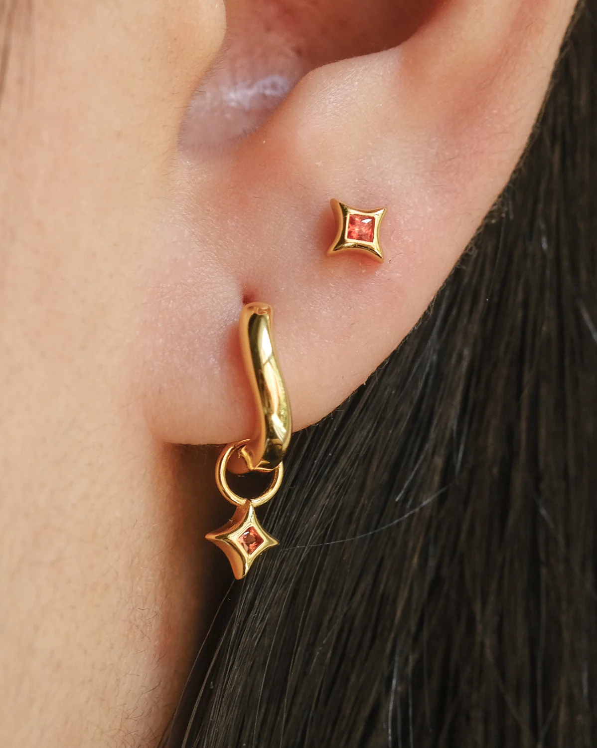 Wavy Sparkle Charm Hoops - Garnet CZ (January) - Image 2