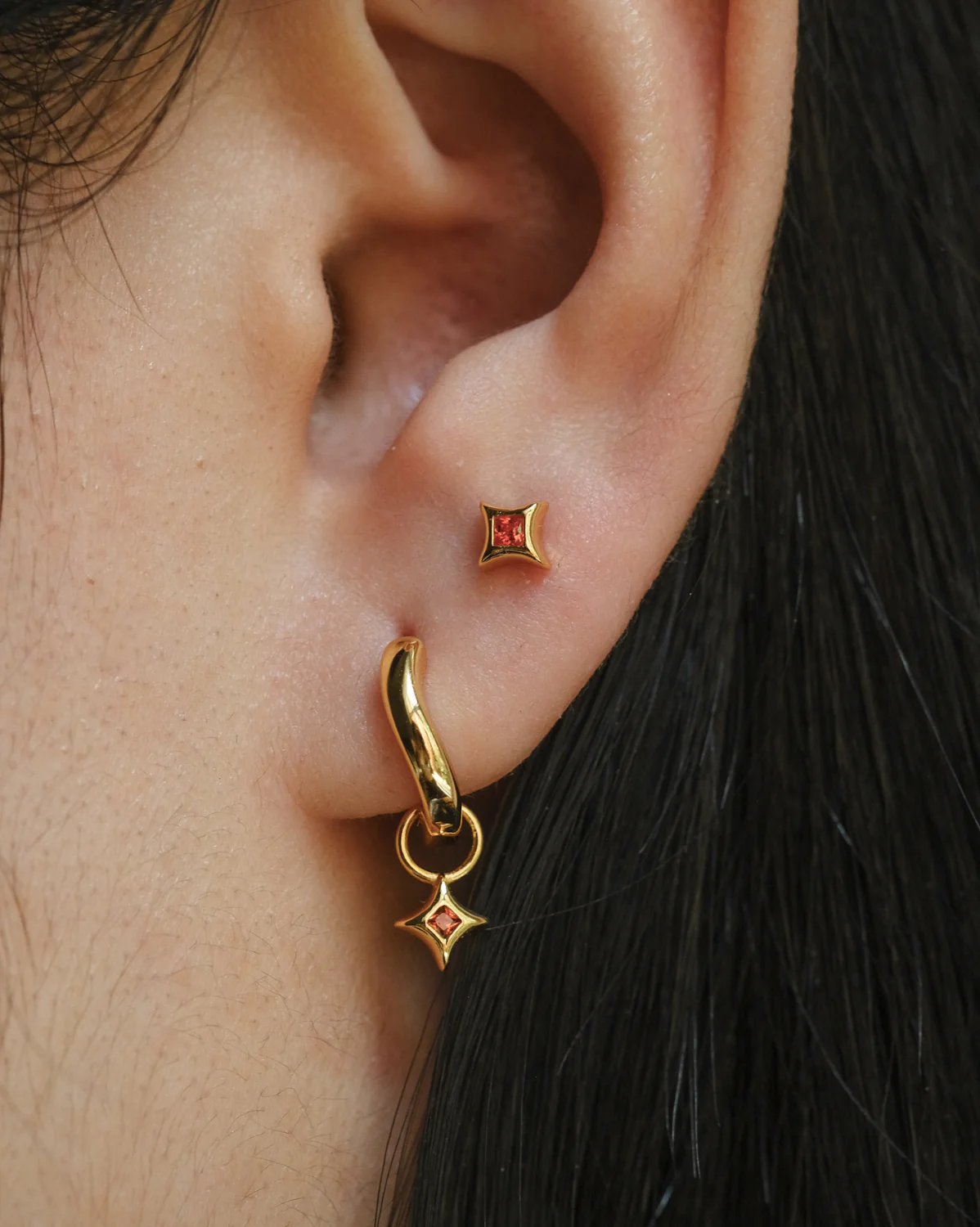 Wavy Sparkle Charm Hoops - Garnet CZ (January) - Image 5