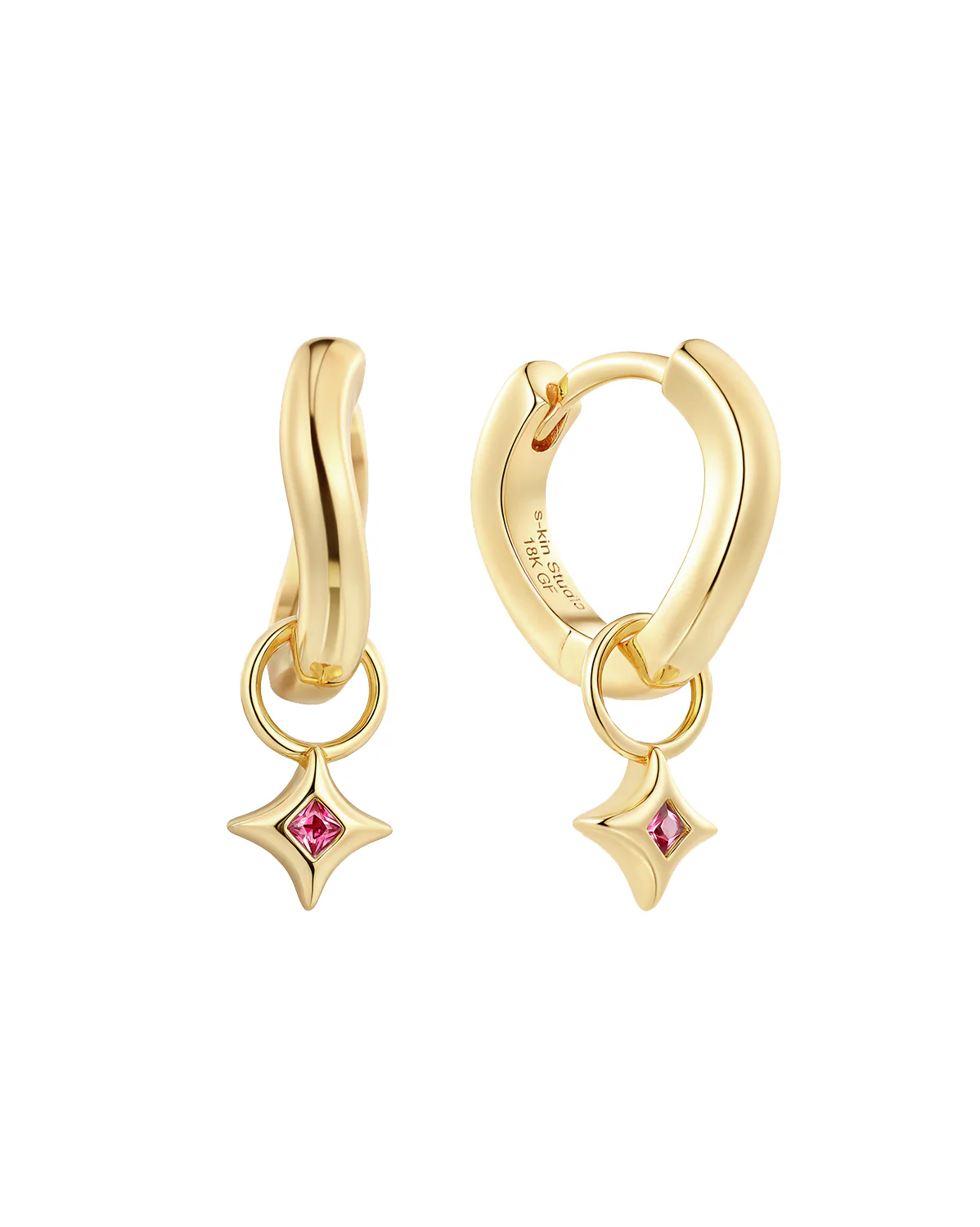 Wavy Sparkle Charm Hoops - Ruby CZ (July)