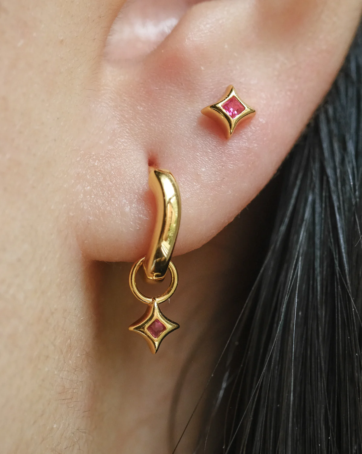 Wavy Sparkle Charm Hoops - Ruby CZ (July) - Image 2
