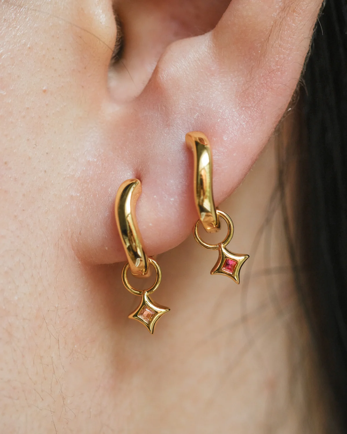 Wavy Sparkle Charm Hoops - Ruby CZ (July) - Image 4