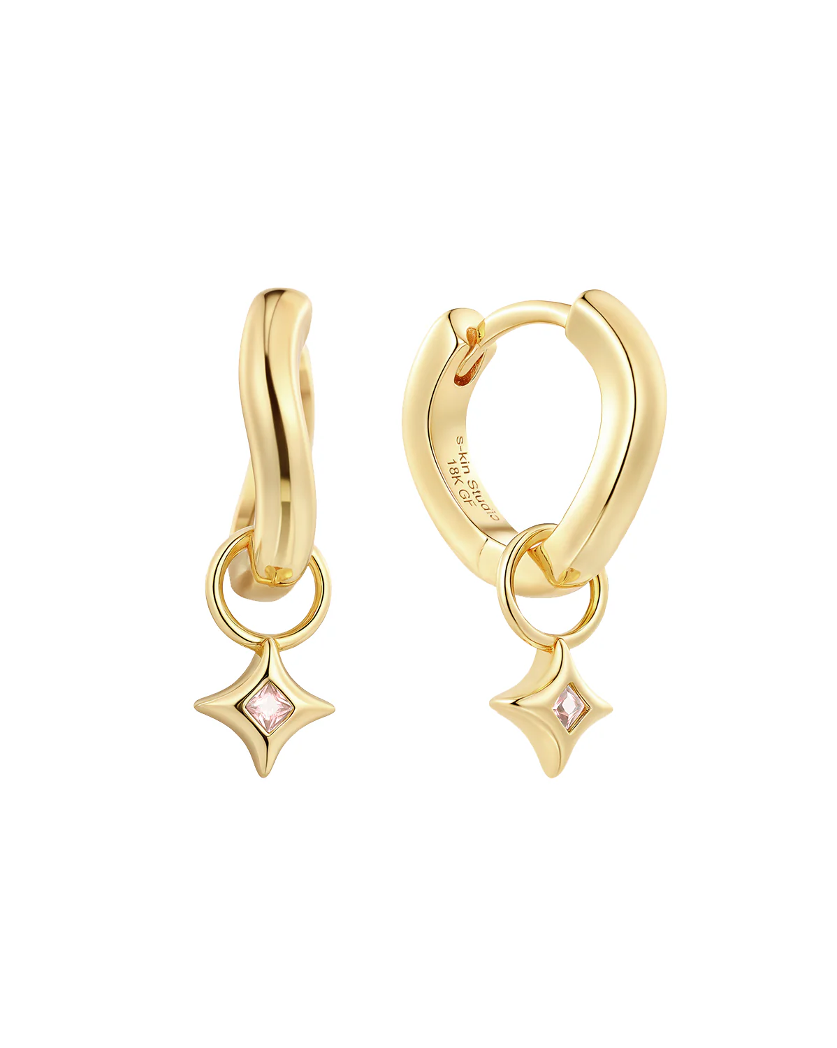 Wavy Sparkle Charm Hoops - Soft Pink CZ (October)