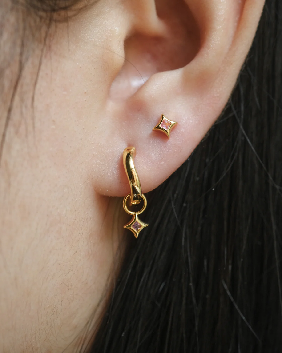 Wavy Sparkle Charm Hoops - Soft Pink CZ (October) - Image 2