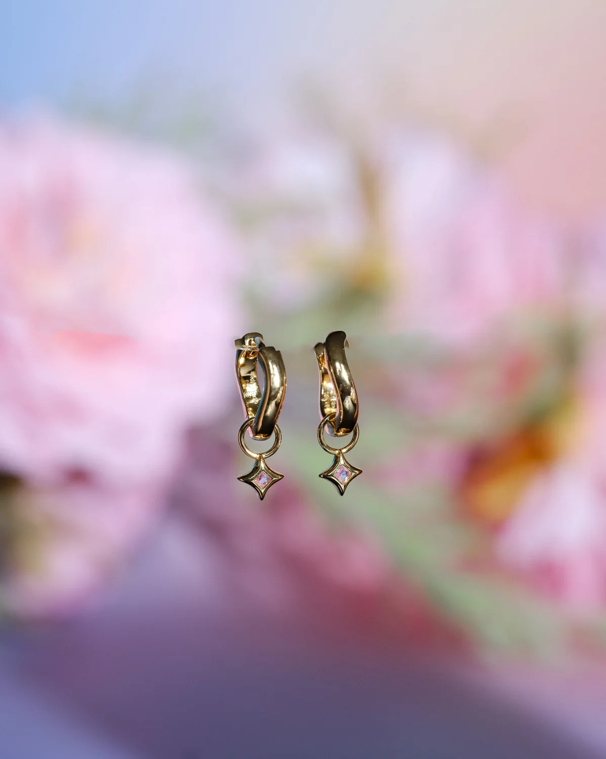 Wavy Sparkle Charm Hoops - Soft Pink CZ (October) - Image 4